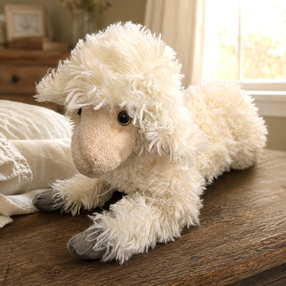 Vintage 1999 Hansa Realistic Lamb Plush Lifelike White Sheep Stuffed Animal 16"